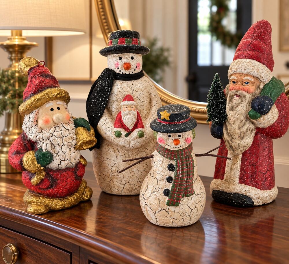 Christmas Santa Snowman Figurines Set of 4 Crackle Rustic Holiday Tablescape